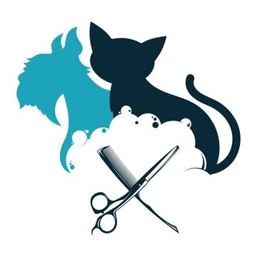 Cat and dog with soap bubbles, scissors, comb Stock Illustration