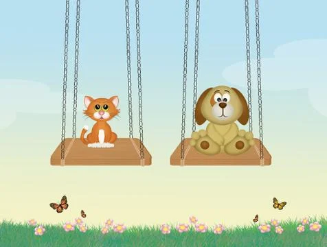 Cat and dog on swing Stock Illustration
