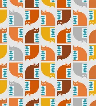 Cat and fish pattern seamless. Fish inside cat background. Baby fabric textur Stock Illustration
