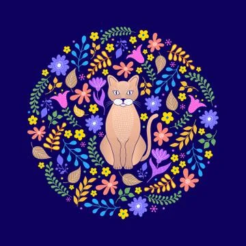 Cat and flowers on dark background Stock Illustration