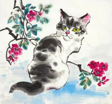 Cat and flowers Stock Illustration