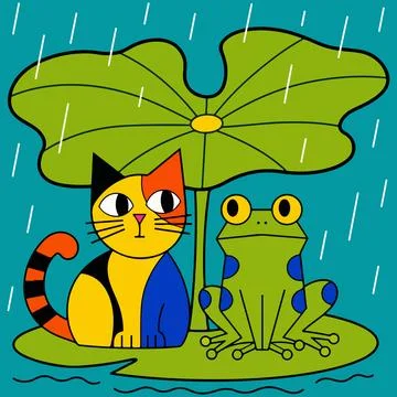 Cat and Frog Under a Leaf in the Rain Stock Illustration