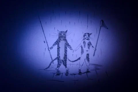 Cat and kitten are going to go fishing Stock Illustration