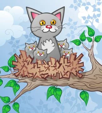 Cat and Kittens in a Tree Nest Cartoon Characters Stock Illustration