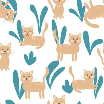 Cat and leaves, seamless pattern vector illustration. Illustrazione stock