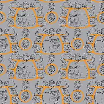 Cat and Mice Seamless Pattern on Gray Stock Illustration