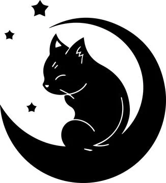 Cat and moon logo in flat line art style Ilustração Stock