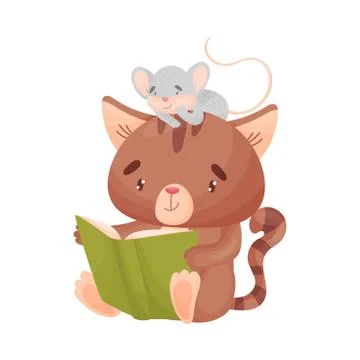 Cat and mouse are reading a book. Vector illustration on white background. Stock Illustration