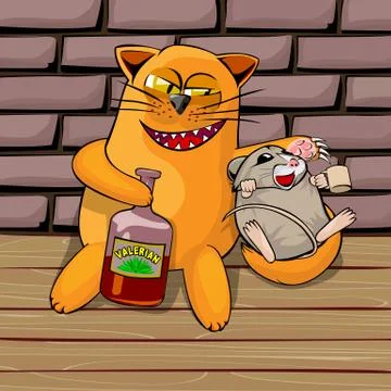 Cat and mouse drinking valerian Stock Illustration