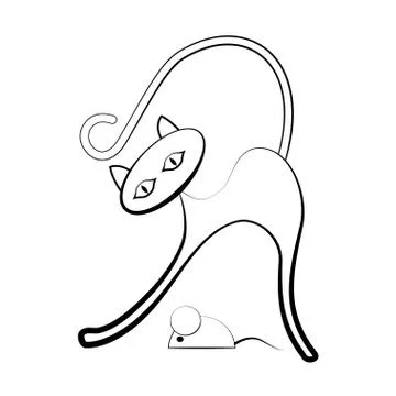 Cat and mouse in profile. A black-and-white outline image on a white isolated Stock Illustration
