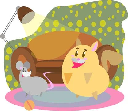 A cat and a mouse rest near the sofa by the light of a lamp Stock Illustration