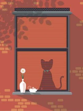 Cat and mouse in window Stock Illustration