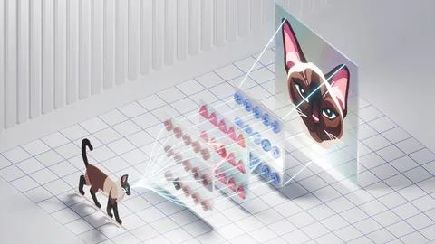Cat and Neural Network: Visualization of Image Recognition Process, 3D rendering Stock Illustration