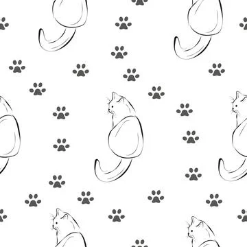 Cat and paw seamless pattern, outline sketch print on white background Stock Illustration