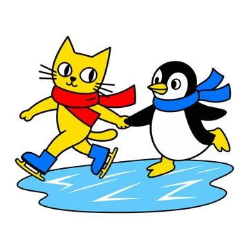 Cat and Penguin Ice Skating Stock Illustration