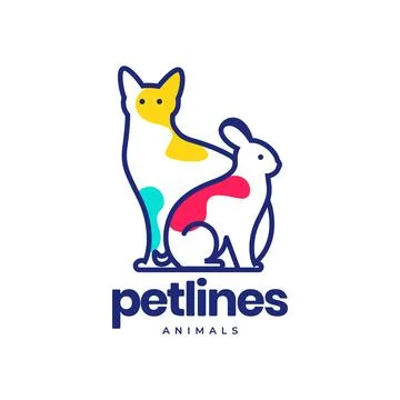 Cat and rabbit pets line art colorful abstract modern minimal mascot logo v.. Stock Illustration
