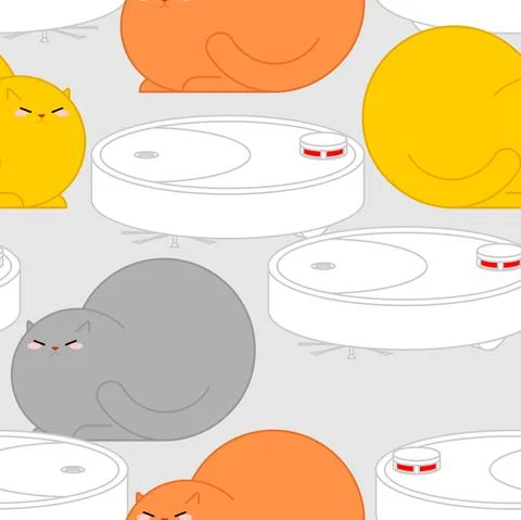 Cat and robot vacuum cleaner pattern seamless. vector background 스톡 일러스트