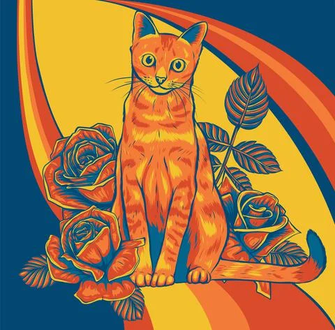 Cat and roses on colored background vector illiustration Stock Illustration