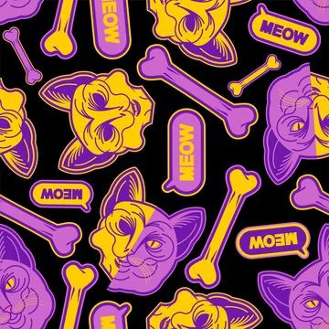 Cat and Skull pattern seamless. Tattoo pet background Stock Illustration