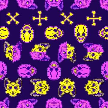 Cat and Skull pattern seamless. Tattoo pet background Stock Illustration