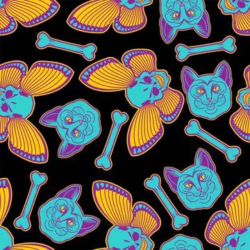 Cat and Skull pattern seamless. Tattoo pet background Stock Illustration