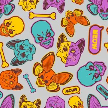 Cat and Skull pattern seamless. Tattoo pet background Stock Illustration