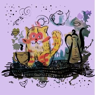 Cat and tea Stock Illustration