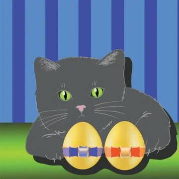 Cat and two easter eggs Stock Illustration