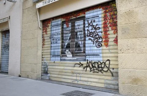 Cat and window mural, Aix-en-Provence, Provence-Alpes-Cte d'Azur, France Stock Photos