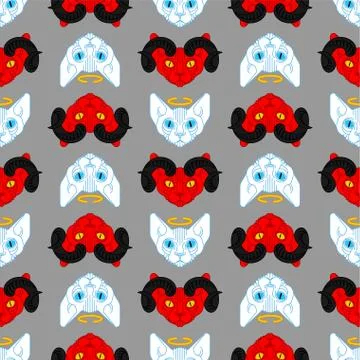 Cat Angel and demon pattern seamless. Red cat with devil horns background. Wh 스톡 일러스트