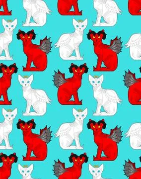 Cat Angel and demon pattern seamless. Red cat with devil horns background. Wh 库存插图
