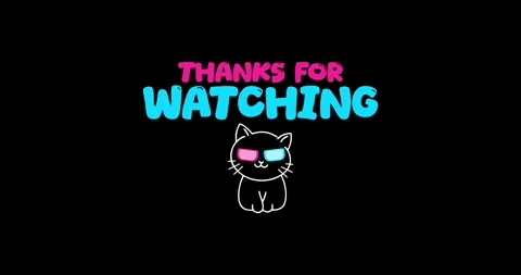 Cat animation and text thanks for watching on black background Video stock 336972862