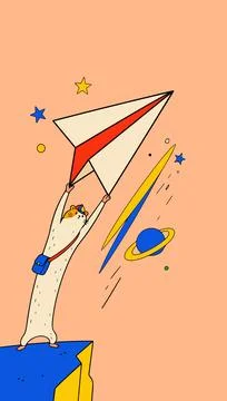 Cat Astronaut with Paper Airplane Stock Illustration