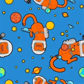 Cat astronaut space pattern seamless. Pet spaceman background. Kitty cosmonau Stock Illustration