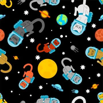 Cat astronaut space pattern seamless. Pet spaceman background. Kitty cosmonau Illustrazione stock