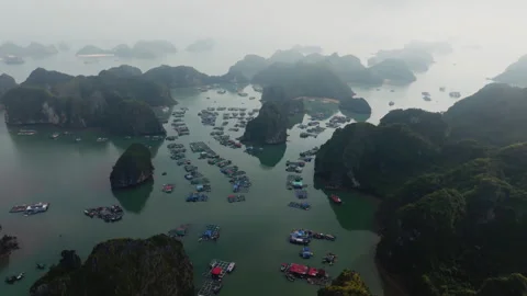 Cat Ba Vietnam fish cages and raft houses forming leading lines Stock Footage 332556894