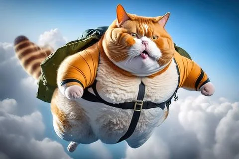 A cat in a backpack is flying through the air with clouds behind it and a s.. Stock Illustration