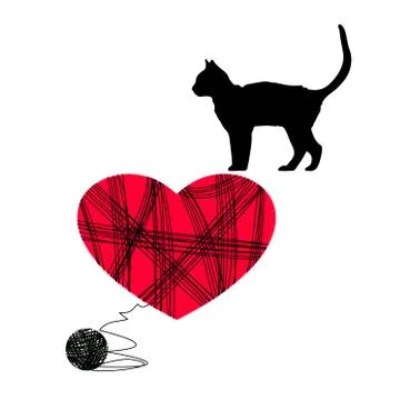 Cat with a ball on the background of hearts. Stock Illustration
