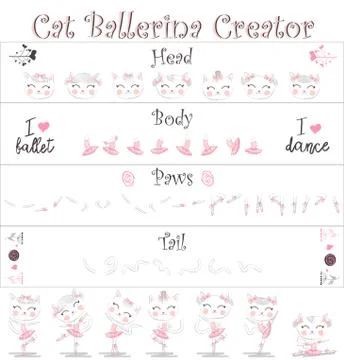 Cat ballerina creator. A set of elements for creating cats-ballerinas. Heads, Stock Illustration