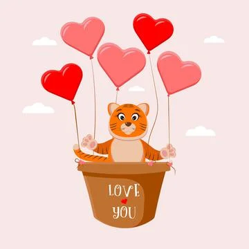 A cat on a balloon in the form of hearts Stock Illustration