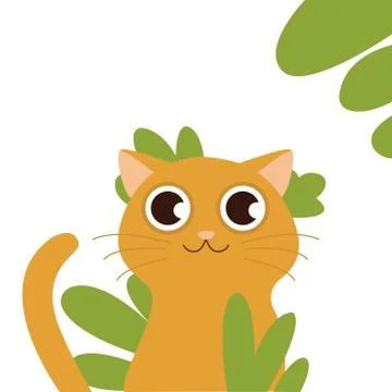 Cat behind grass. Fluffy brooding yellow-eyed cat on a white background with Stock Illustration