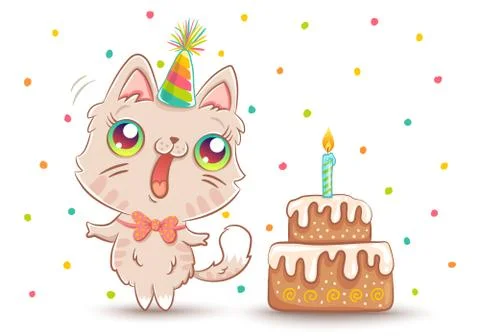 Cat with Birthday cake Stock Illustration