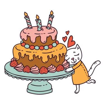 Cat with birthday cake. Stock Illustration