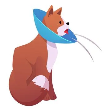 Cat in blue veterinary cone collar stuck out his tongue, vector flat brown Stock Illustration
