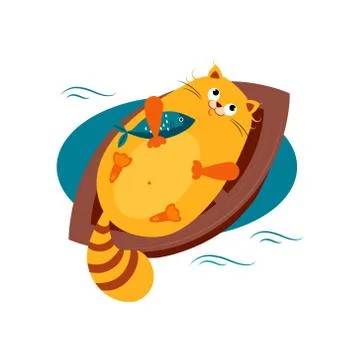 Cat on a Boat Hugging Fish. Vector Illustration Stock Illustration