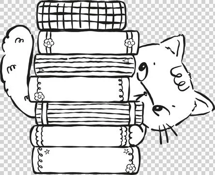 Cat Bookish Outline Peeking from Stack Books Hand drawn Illustration with Pho Stock Illustration