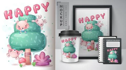 Cat, bouse, bear in the tree poster and merchandising. Stock Illustration