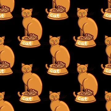 Cat with bowl on black background vector illustration endless pattern Stock Illustration