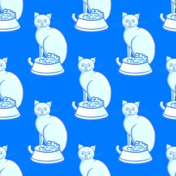 Cat with bowl on blue background vector illustration endless pattern Illustrazione stock