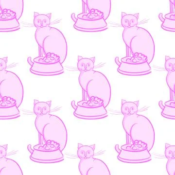 Cat with bowl on white background vector illustration endless pattern Stock Illustration